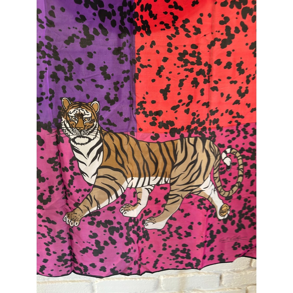 Gant Gaither Silk Scarf 1960s Tiger Leopard Print Pink Purple Red 34" Square